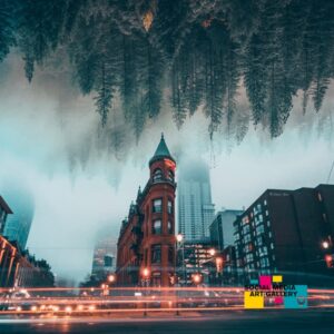 artwork shows Toronto city with forest hanging in sky