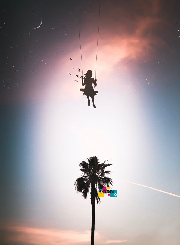 hollywood palm tree girl flying in the sky