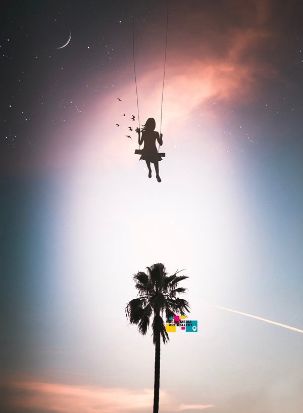 hollywood palm tree girl flying in the sky